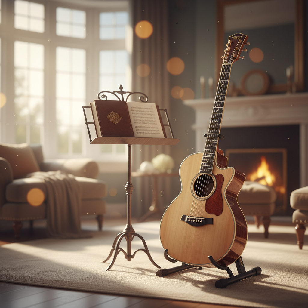 따스한 햇살이 비치는 거실 창가에 놓인 고급스러운 어쿠스틱 기타와 악보대, 부드러운 보케 배경이 돋보이는 고해상도 사진