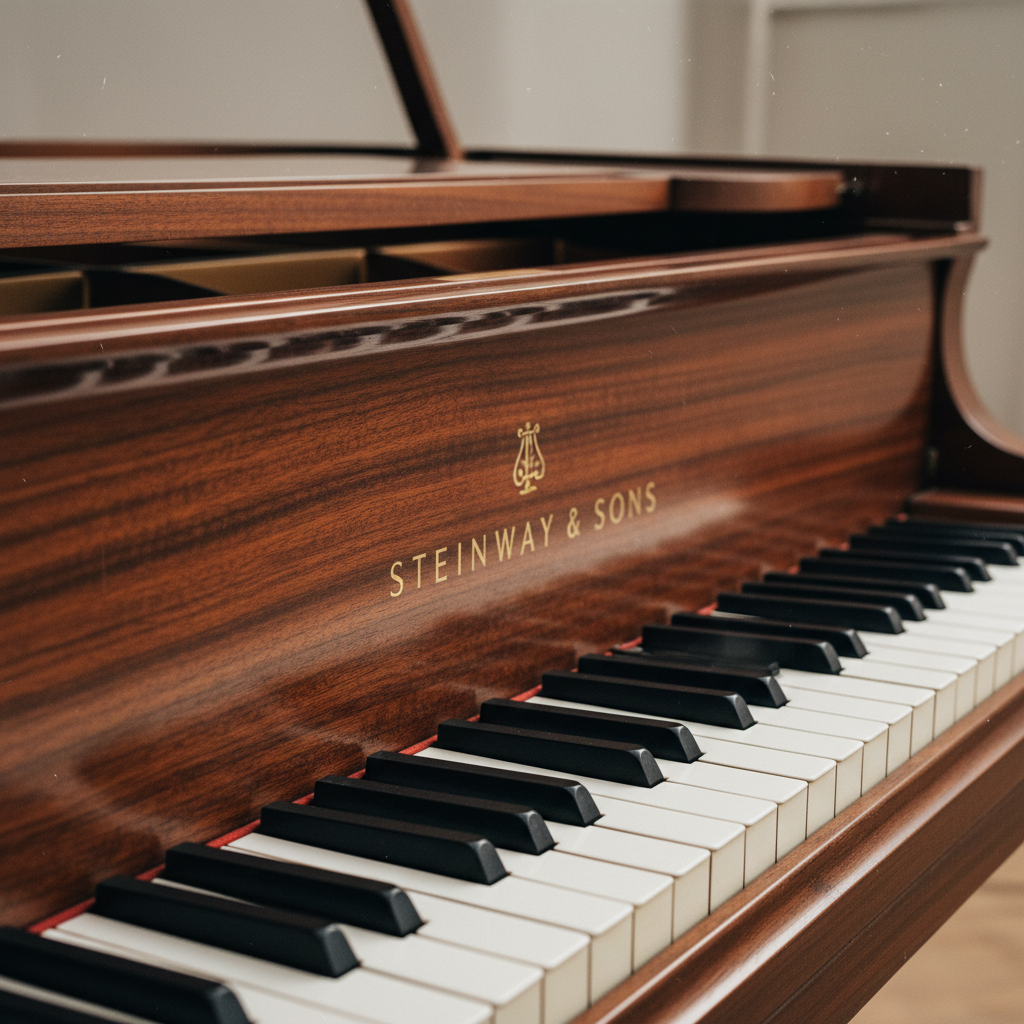세밀한 나무 결이 살아있는 클래식 그랜드 피아노의 건반 클로즈업, 우아하고 정갈한 분위기의 8k 전문 스튜디오 촬영 이미지