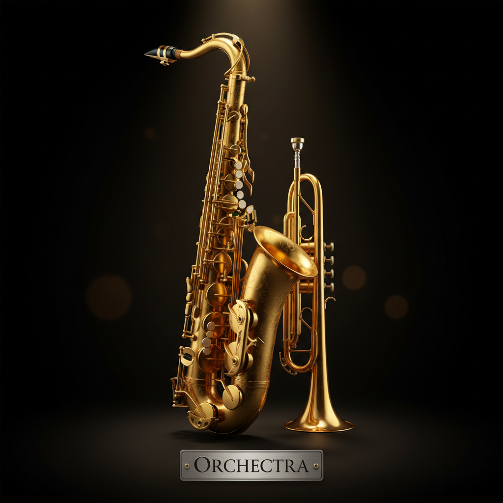 조명이 은은하게 비치는 어두운 배경 속에서 빛나는 금빛 색소폰과 트럼펫, 금속의 질감이 강조된 감각적인 제품 사진