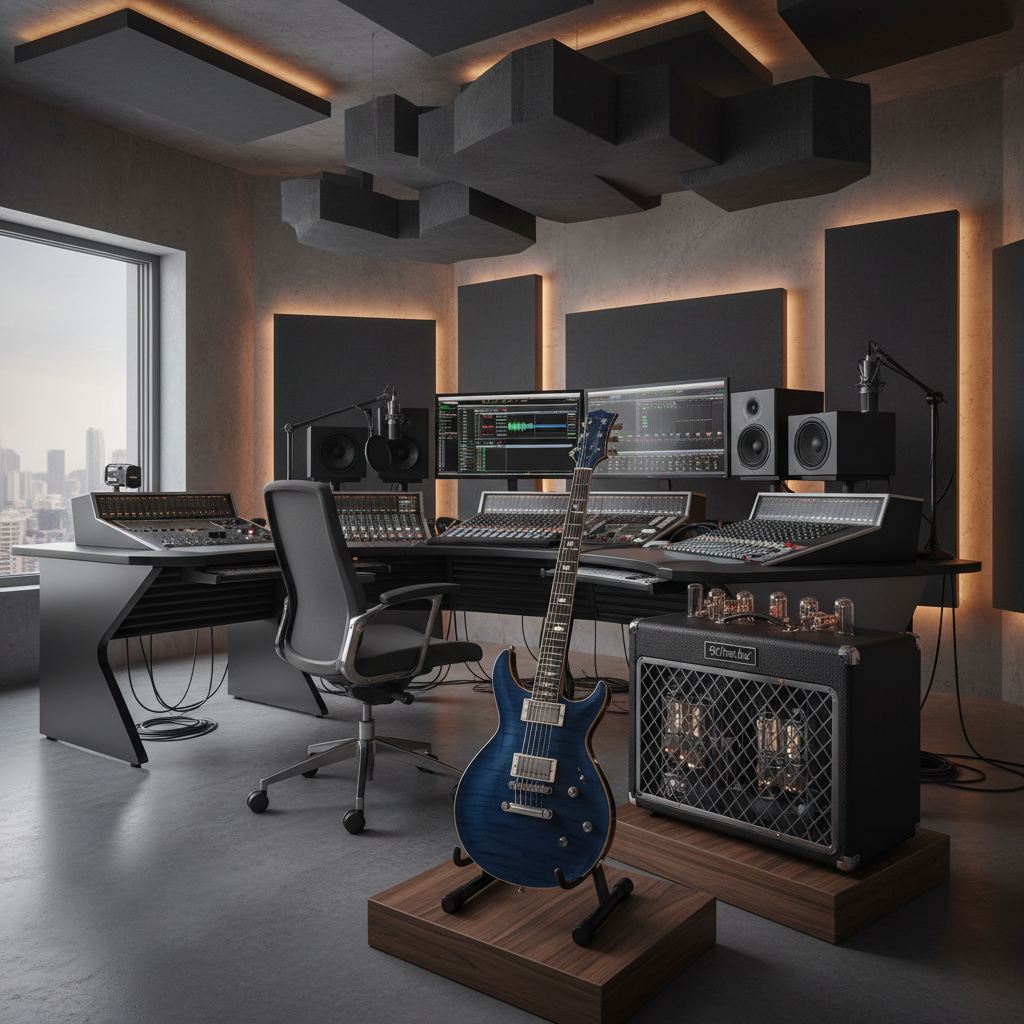 모던한 인테리어의 음악 작업실에 배치된 고성능 일렉트릭 기타와 앰프, 전문적인 음악가의 공간을 연상시키는 고품질 이미지