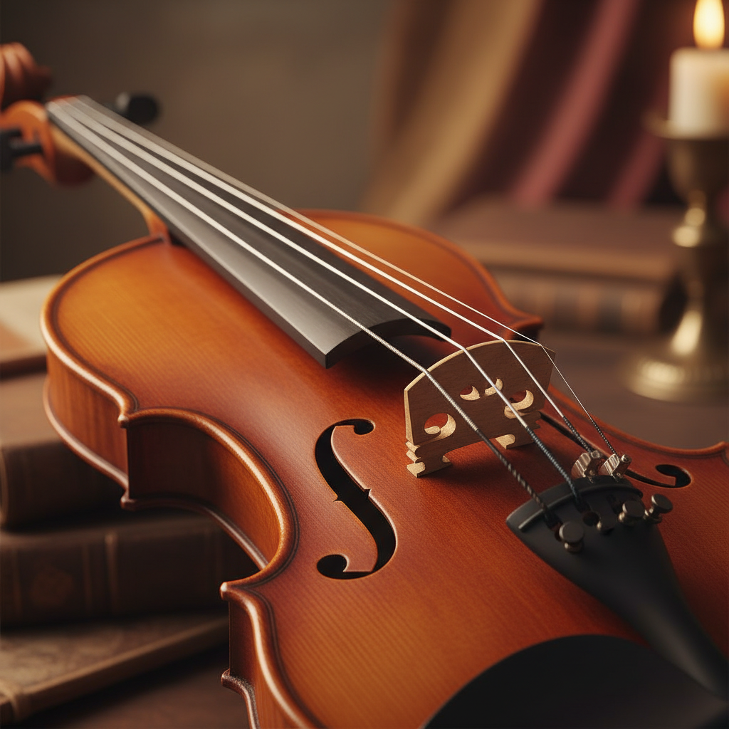 바이올린의 곡선과 현의 디테일을 극대화한 근접 촬영, 고전적이고 예술적인 느낌을 주는 따뜻한 톤의 고화질 사진