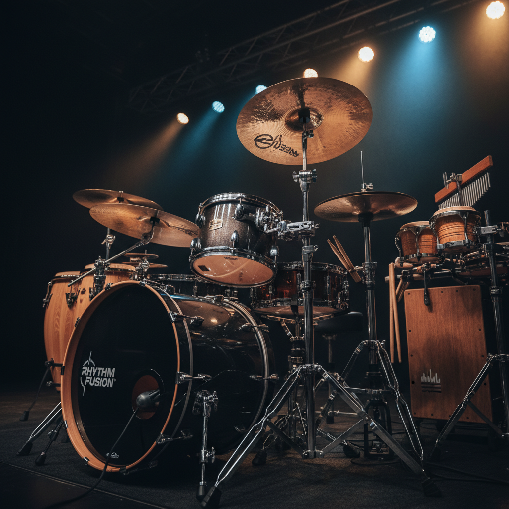 다양한 타악기가 조화롭게 배치된 드럼 세트의 역동적인 앵글, 금속 심벌즈의 광택이 돋보이는 선명한 스테이지 조명 사진