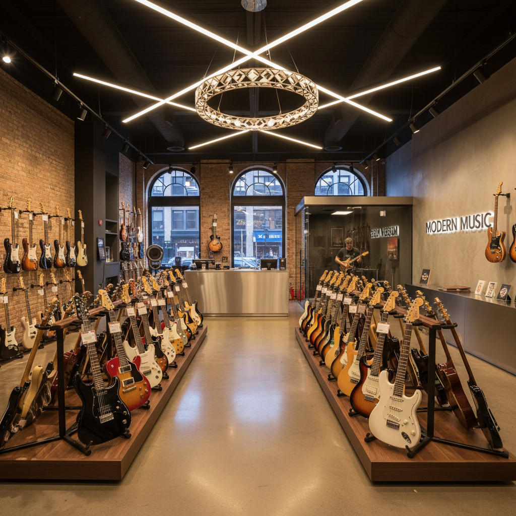 현대적인 감각의 악기 전문 매장 내부 전경, 깔끔하게 진열된 기타들과 세련된 조명이 어우러진 전문적인 상업 사진